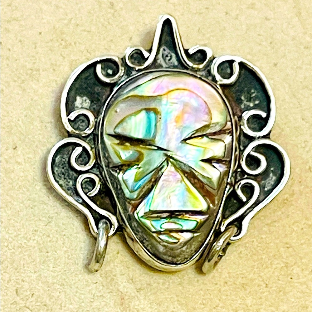 VTG DANNY'S Taxco Mexico Sterling Silver Abalone Carved Head Pin Brooch Pendant
